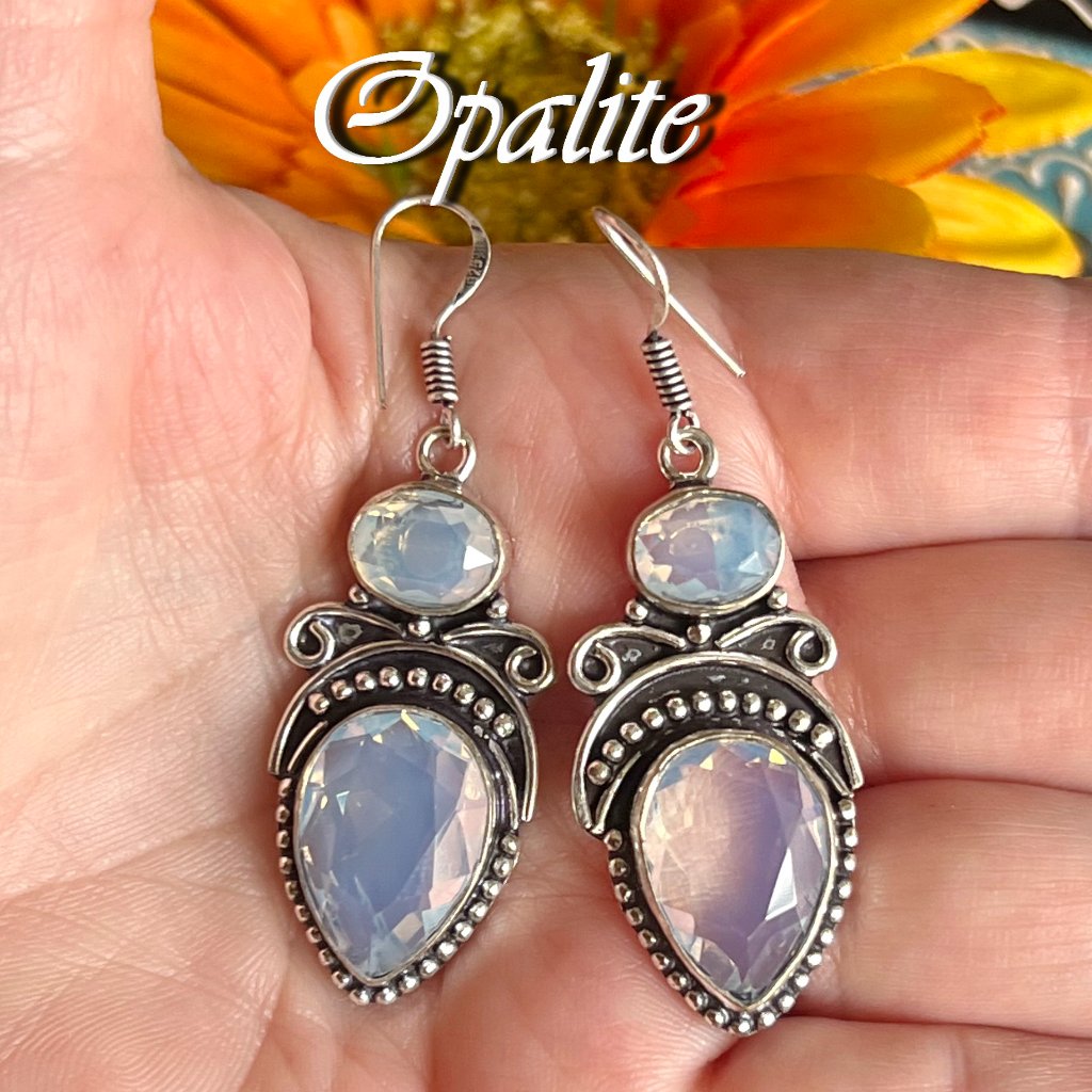 Opalite Earrings Handmade Gemstone Crystal Dangles 925 Silver Bohemian Ethnic